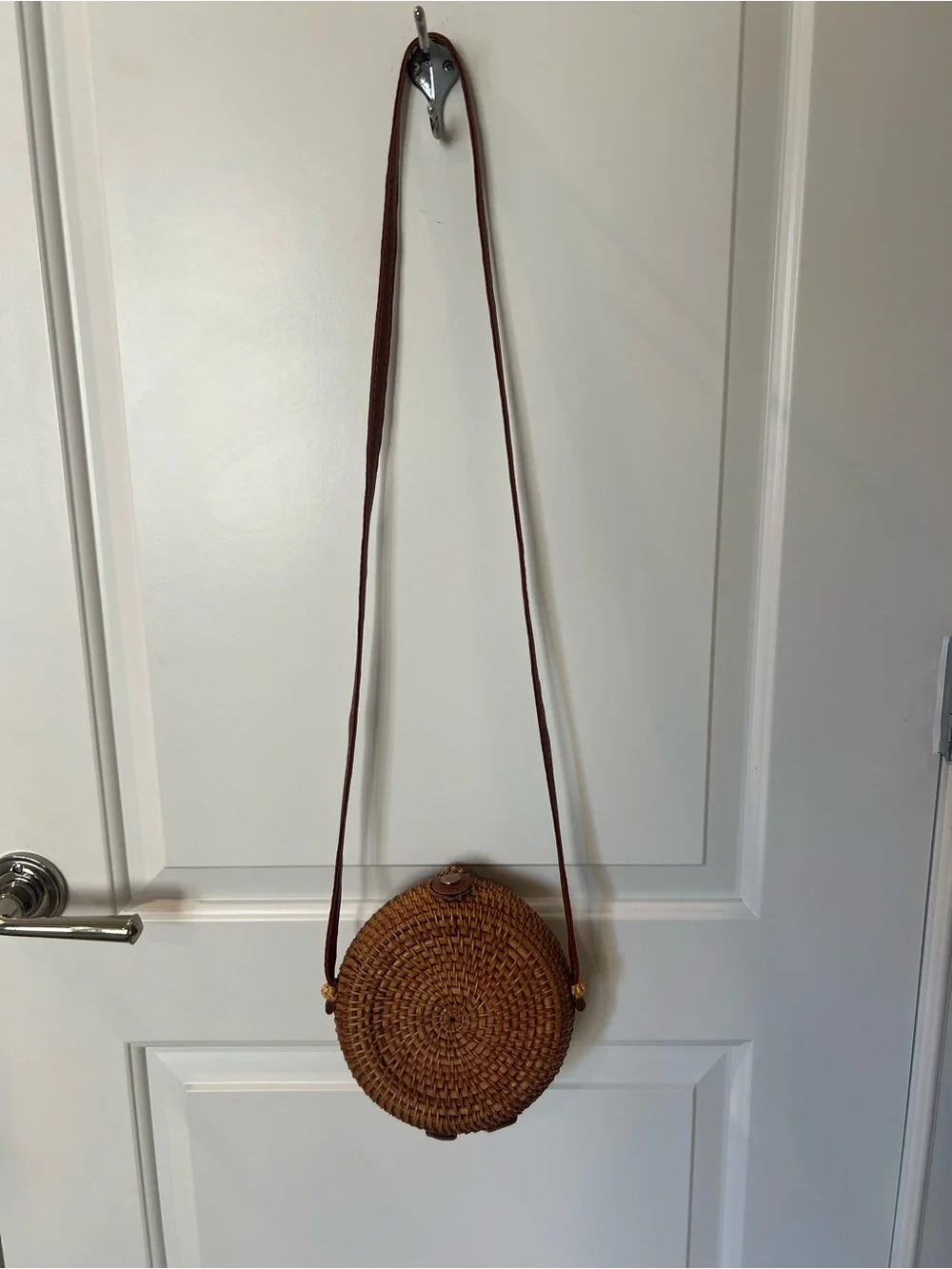 Round Rattan Woven Crossbody Bag in Brown
